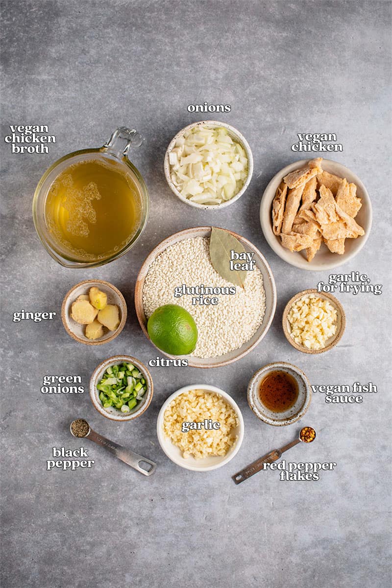 ingredients for arroz caldo on a gray board