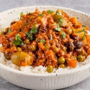 macro photo of vegan giniling aka filipino picadillo in bowl with rice