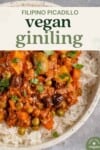 overhead photo of vegan giniling aka filipino picadillo in bowl with rice for pinterest