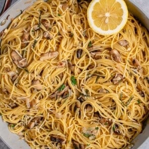 vertical photo of Miso Garlic Butter Pasta in a pan