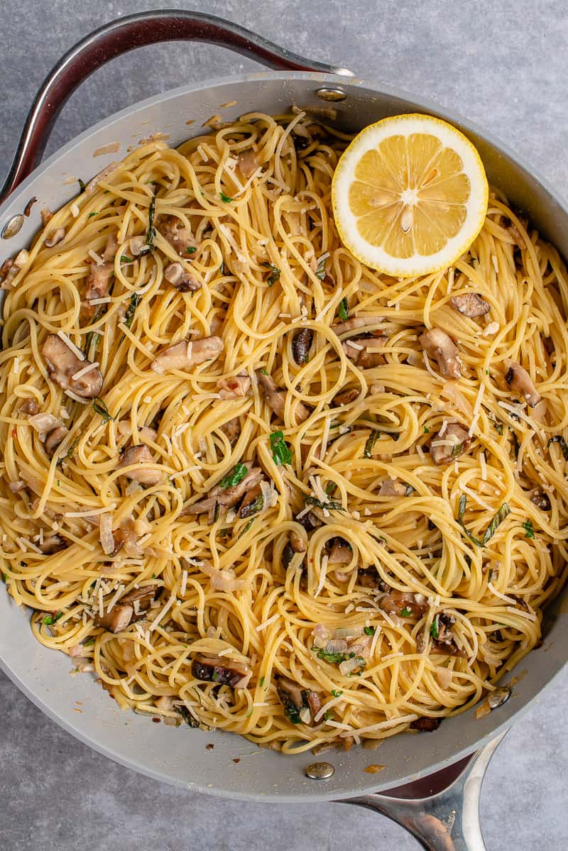 vertical photo of Miso Garlic Butter Pasta in a pan