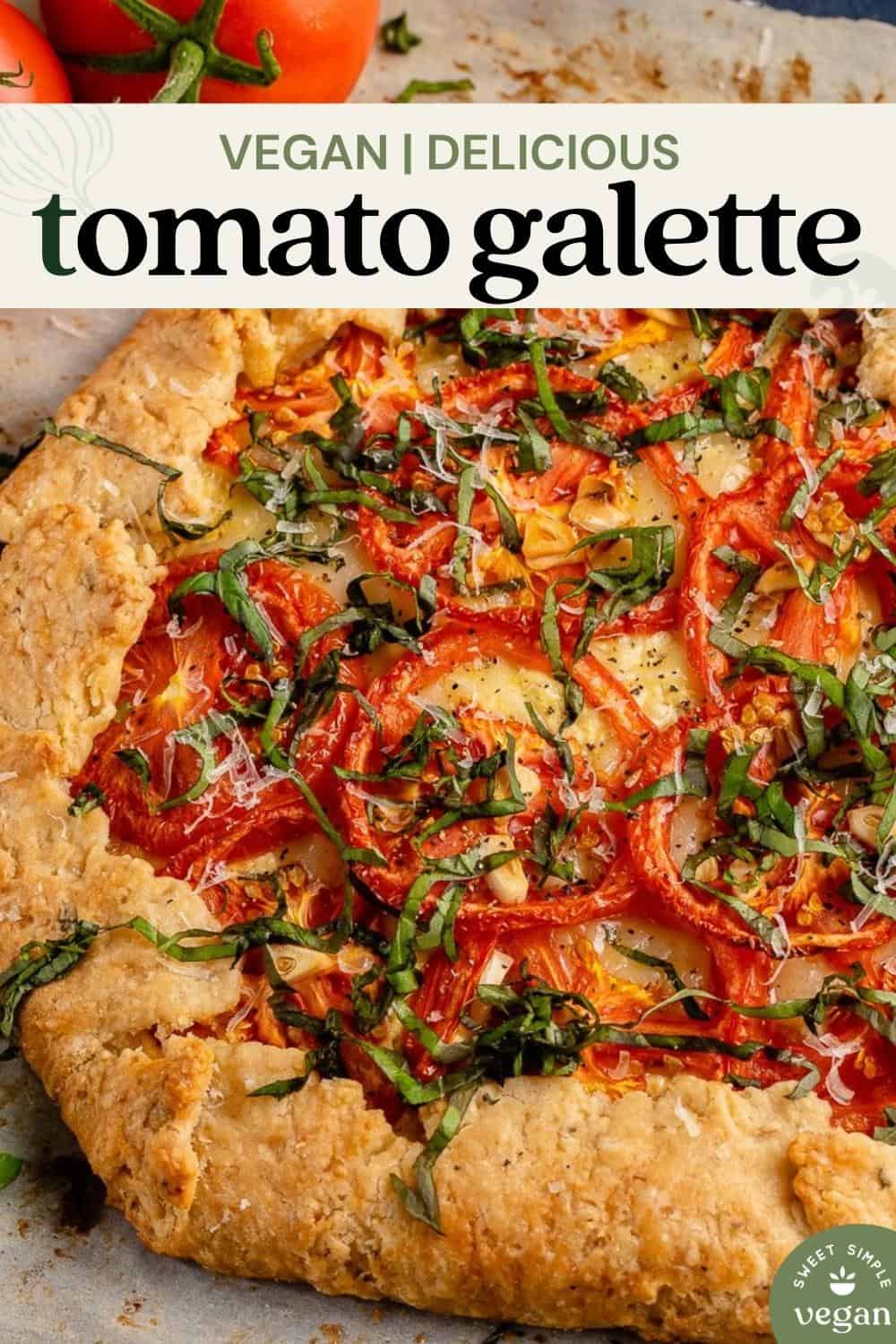 close up photo of Vegan Tomato Galette on parchment paper for pinterest