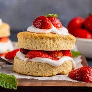 upclose image of vegan strawberry shortcake styled with grey background