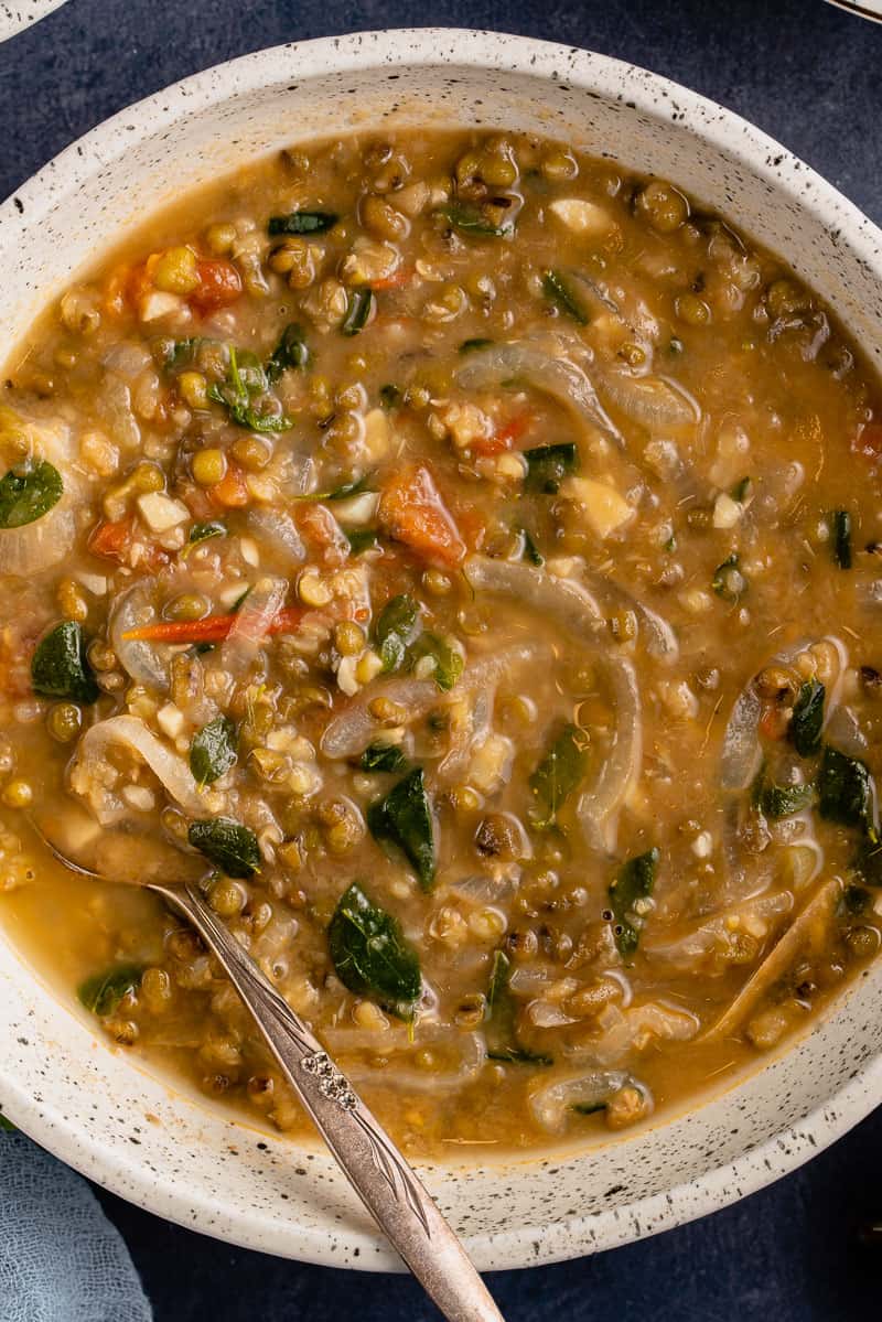 overhead image of mung bean soup with spoon