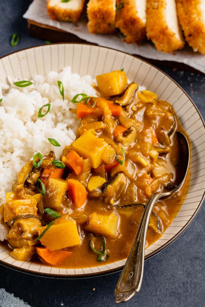 curry in bowl with rice and spoon