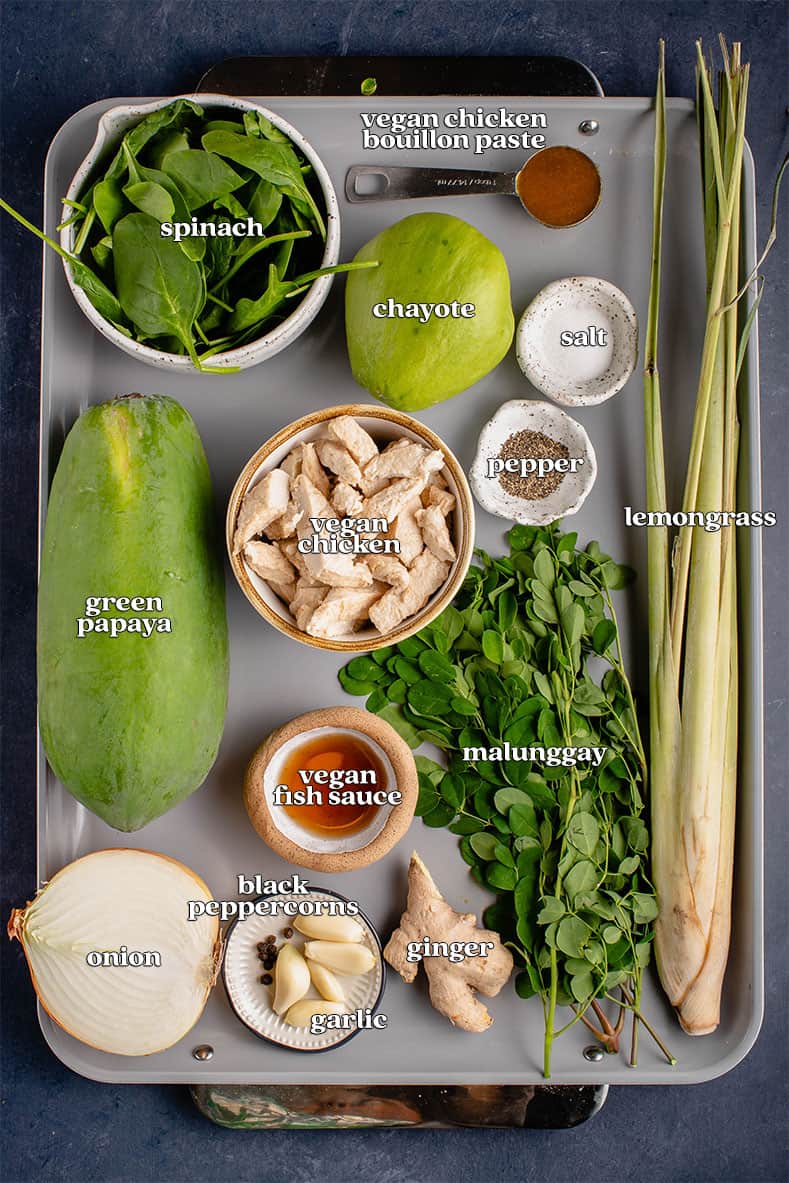 overhead image of vegan chicken tinolang ingredients