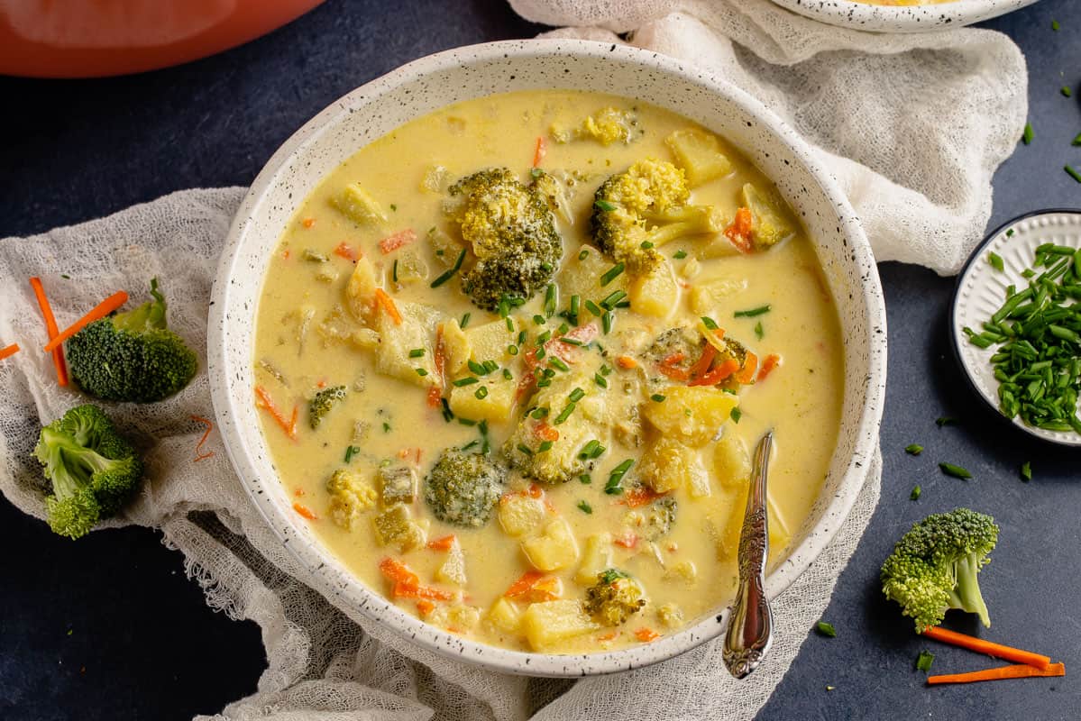 photo of creamy vegan broccoli potato soup in white bowl