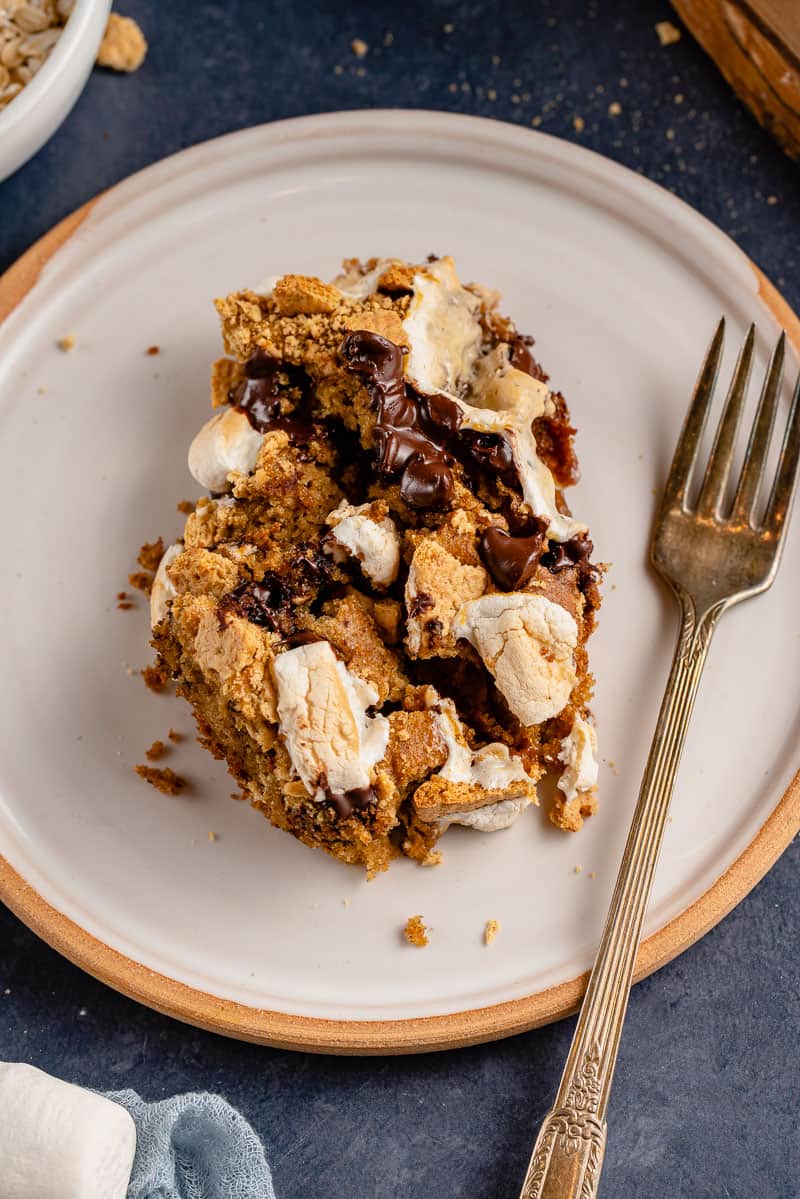 up-close image of s'more s baked oatmeal on a plate