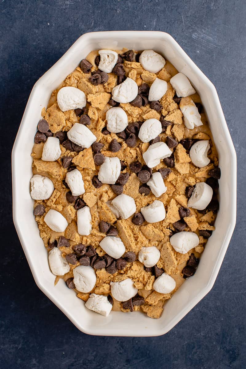 unbaked dish of s'mores baked oatmeal
