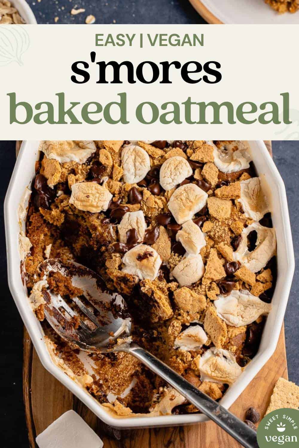 overhead image of s'mores baked oatmeal in a dish with spoon