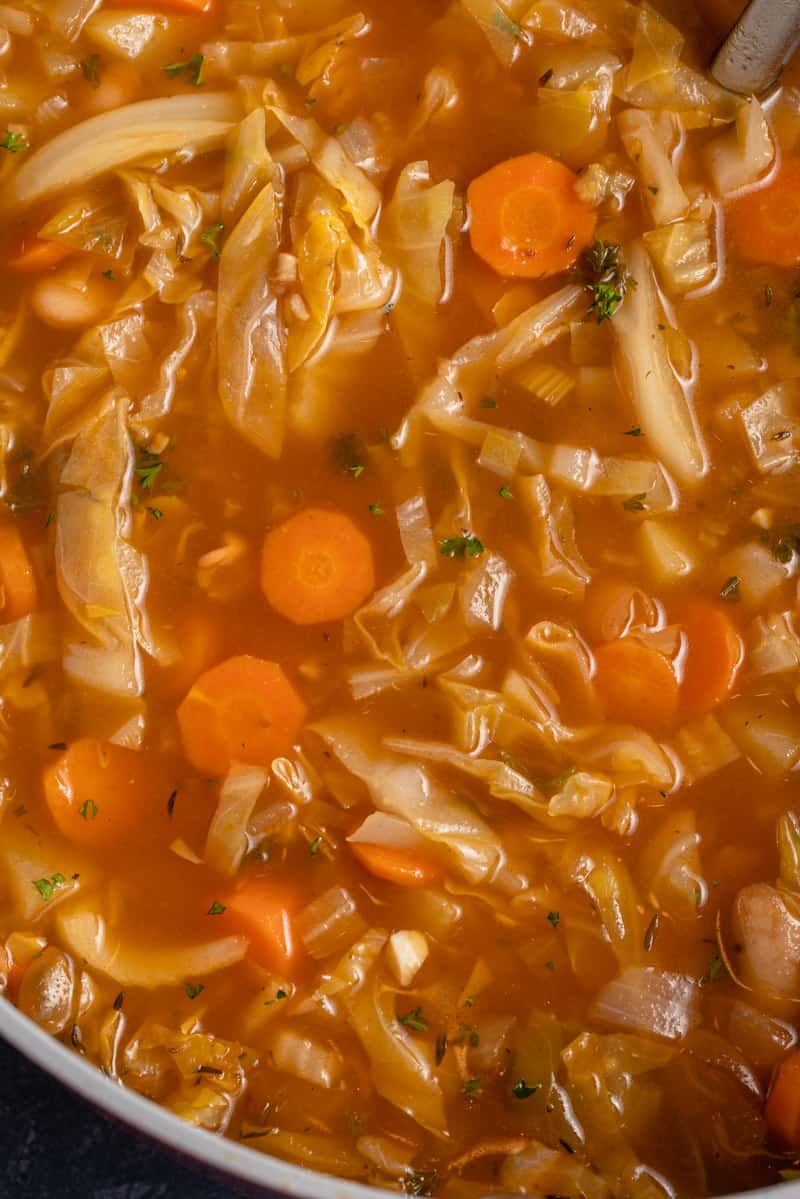 close up photo of healthy vegan cabbage soup