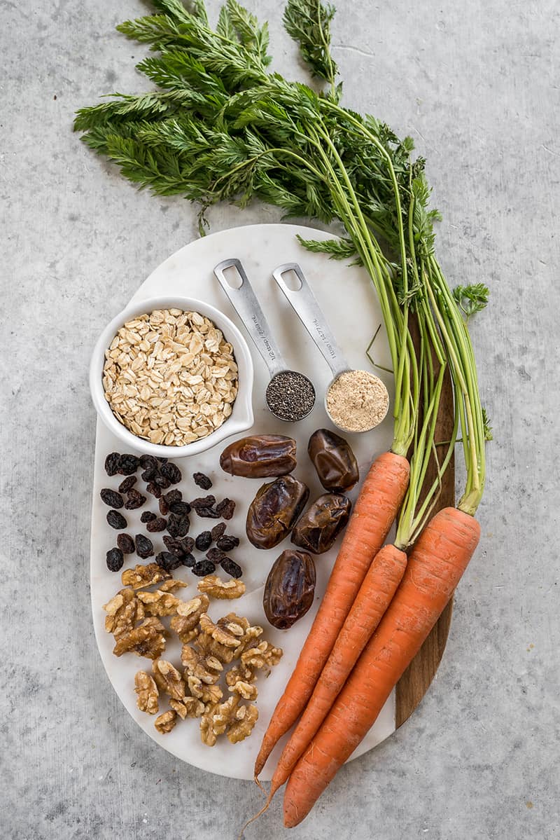 ingredients for carrot cake bars on marble board