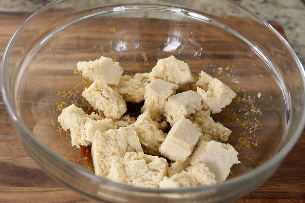 broken up tofu in marinade 