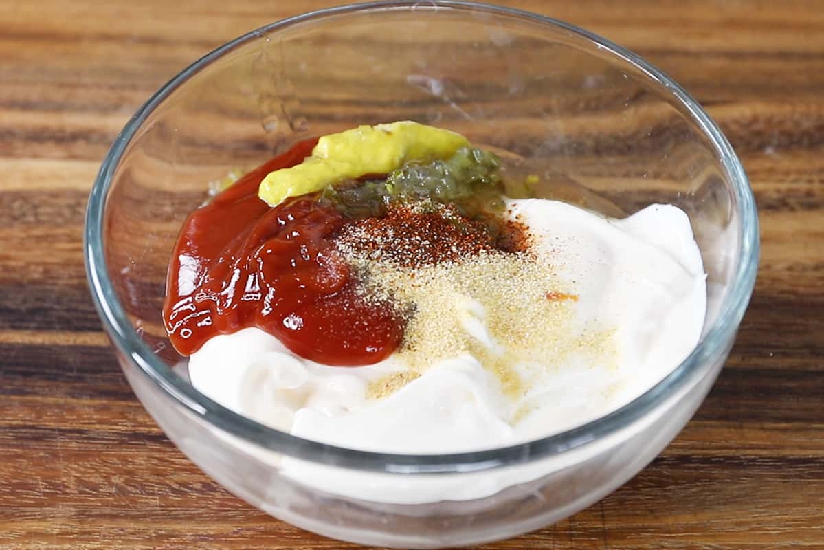 ingredients for vegan big mac sauce in glass bowl