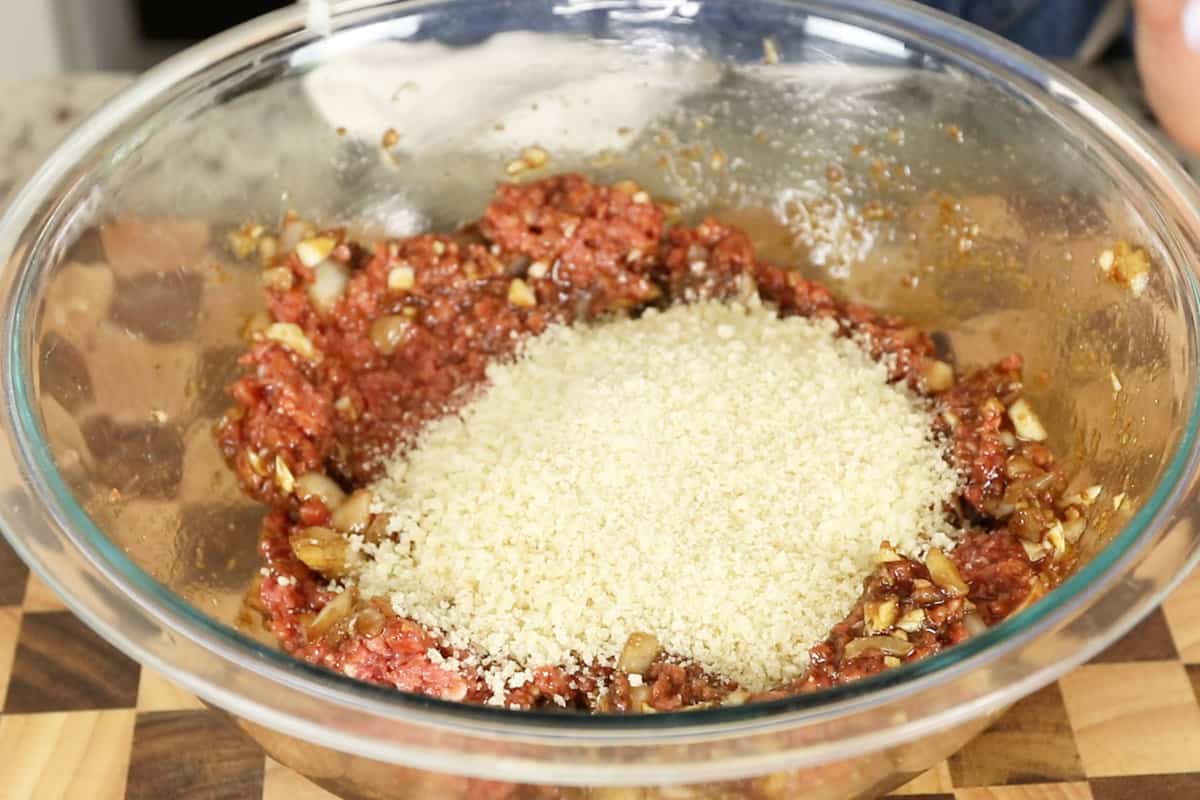 preparing vegan adobo inspired burgers in glass bowl