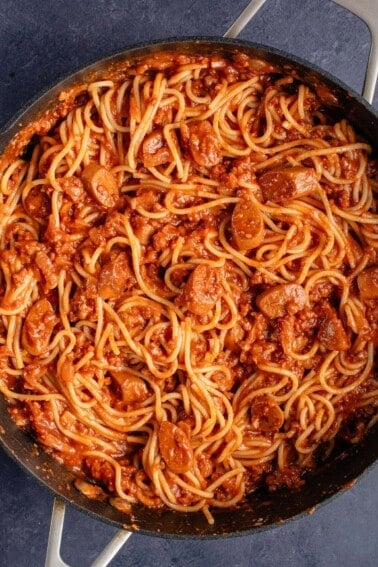 overhead photo of filipino spaghetti in pot
