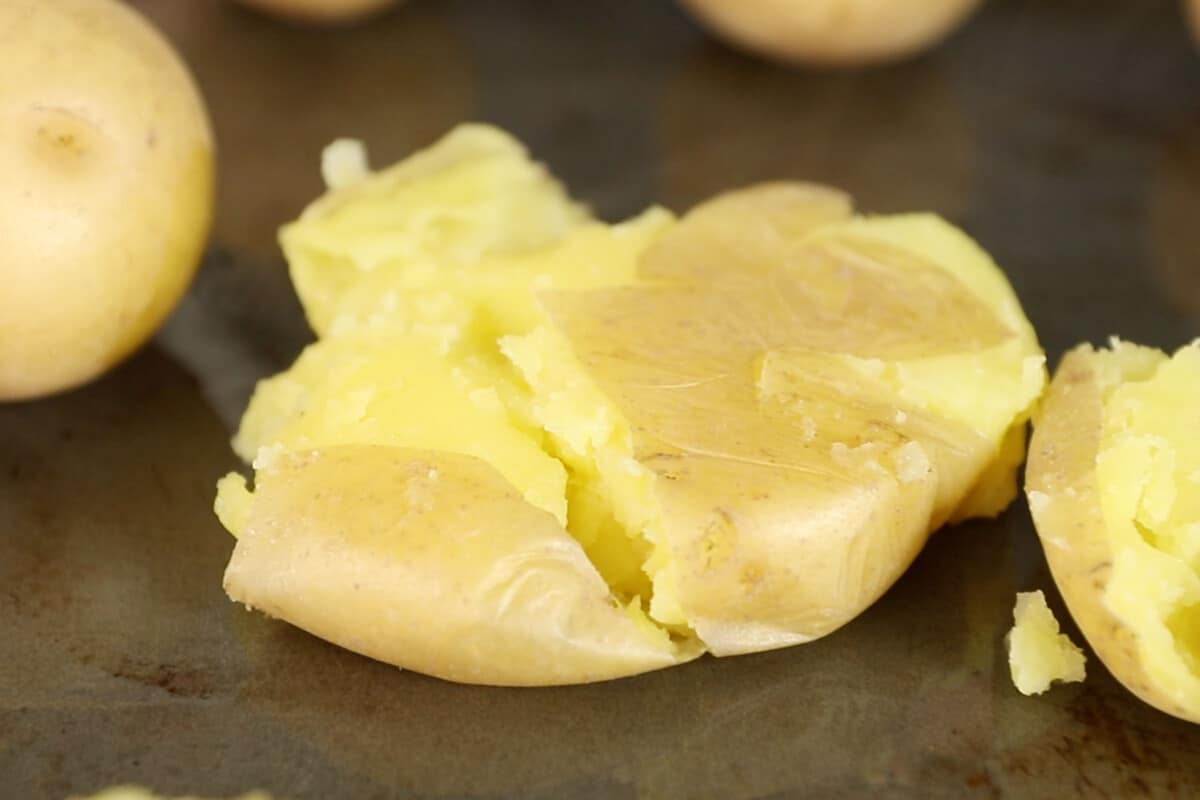 smashed potato on baking sheet