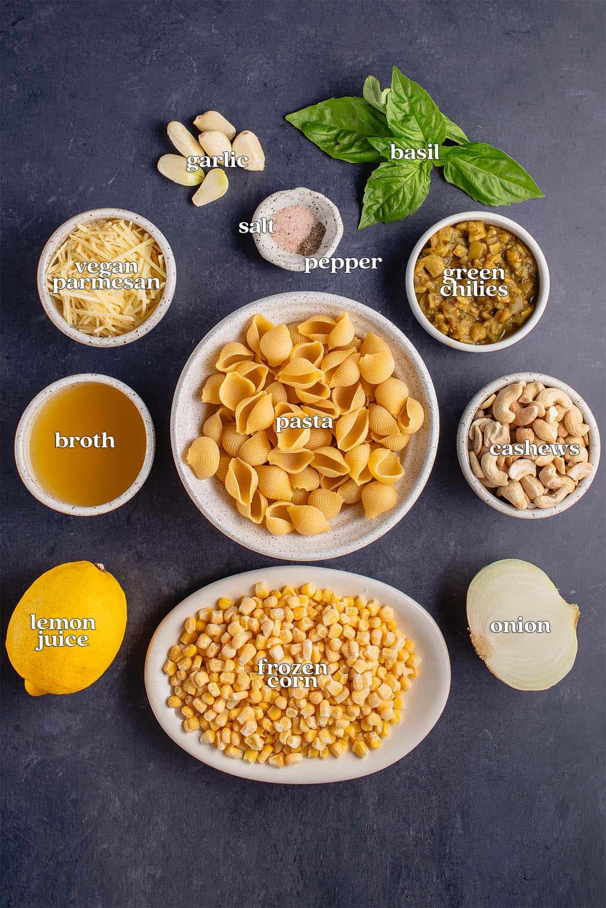 overhead image of ingredients for corn pasta