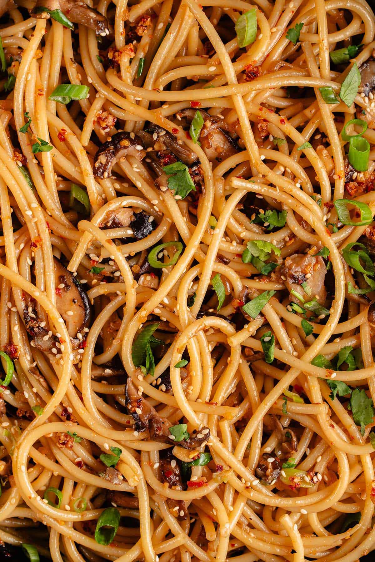 vertical overhead photo of Spicy Chili Crisp Garlic Noodles in cast iron skillet