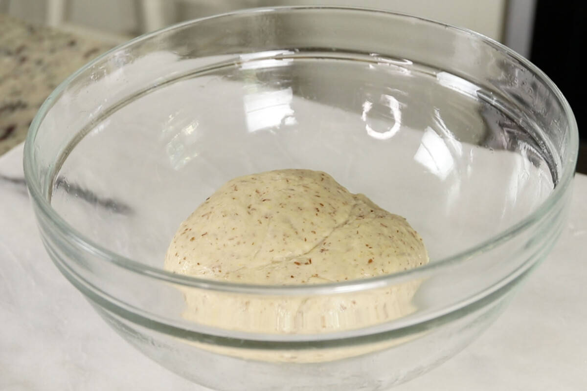 vegan sandwich bread before rising in glass bowl