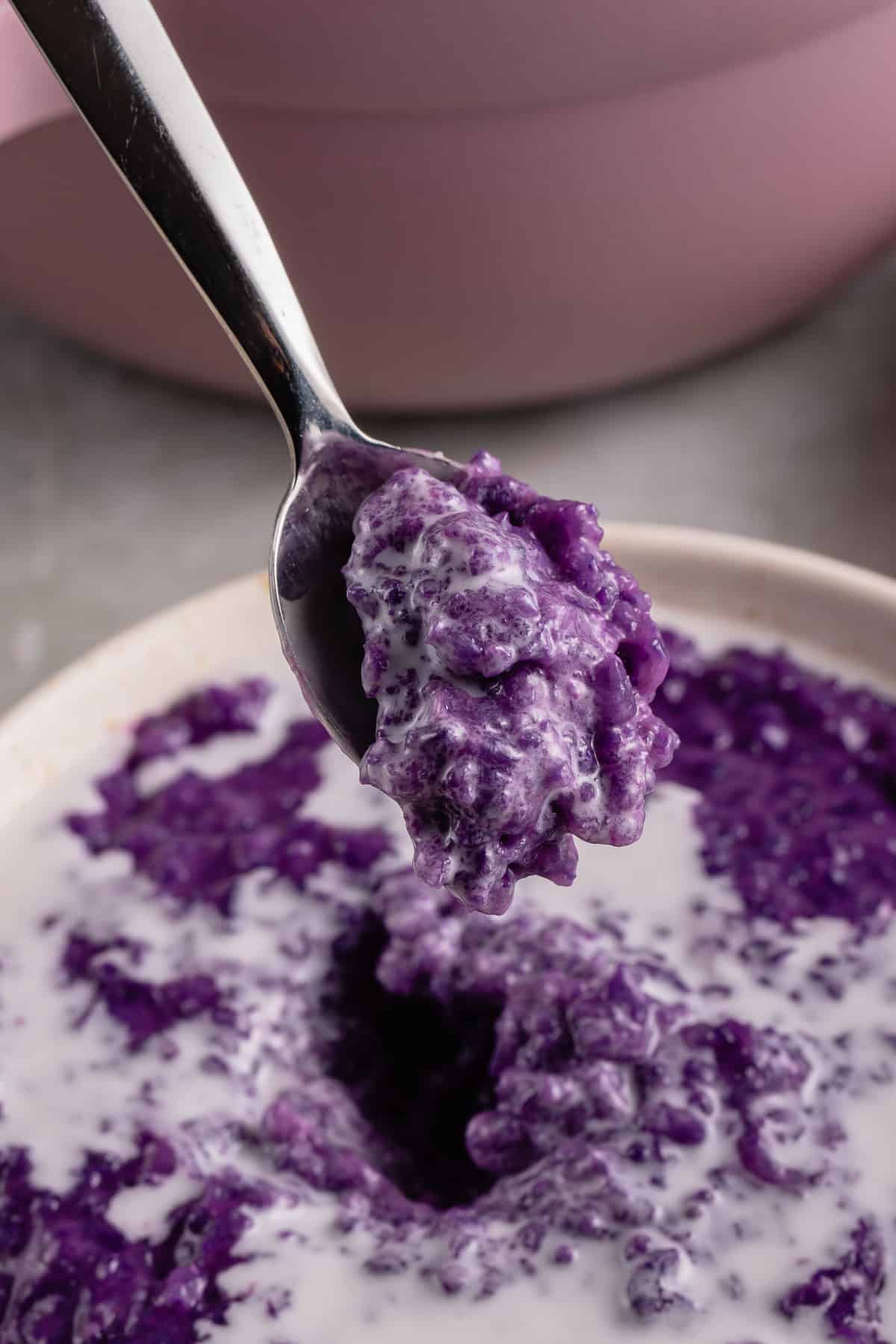 close up photo of spoon scooping ube champorado from white bowl