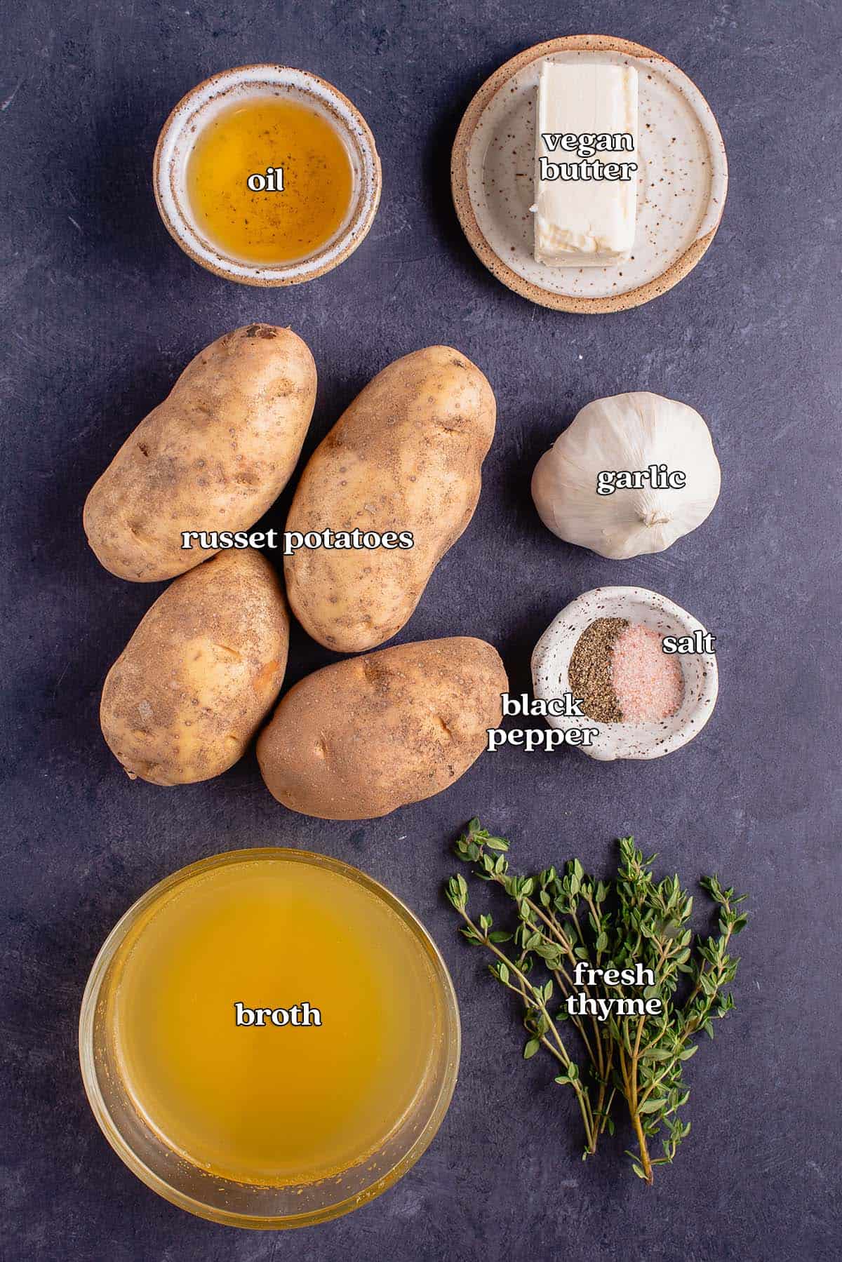 labeled ingredients for russet potatoes on blue board