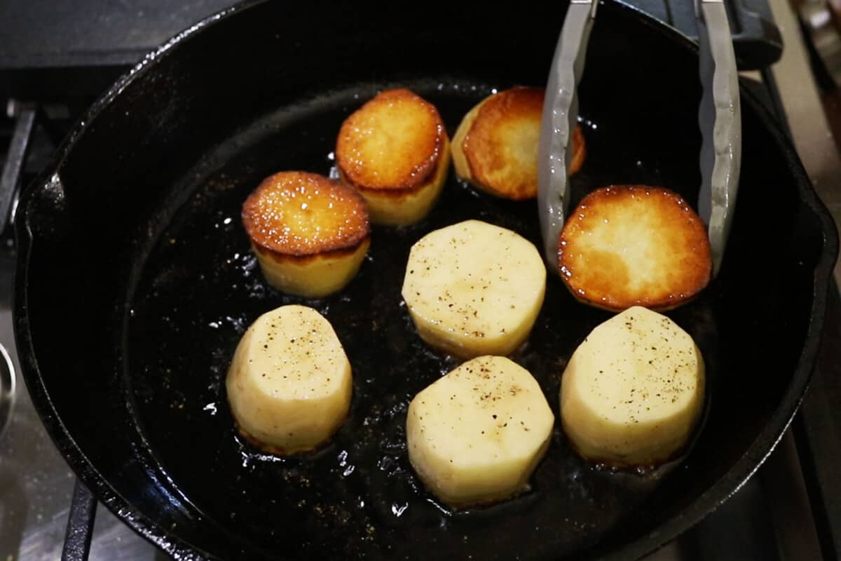 frying russet potatoes in oil for fondant potatoes