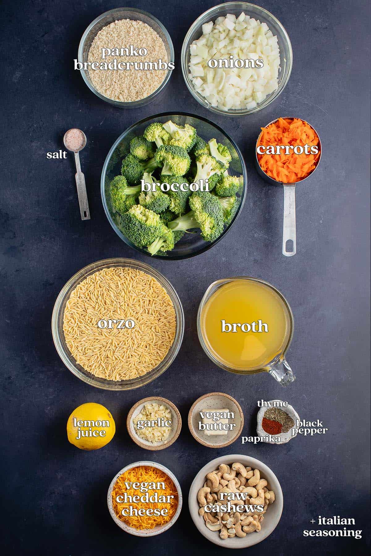 labeled ingredients for broccoli cheddar orzo on blue board