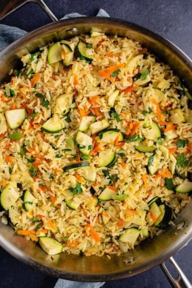 close up of pot with fall vegetable rice pilaf