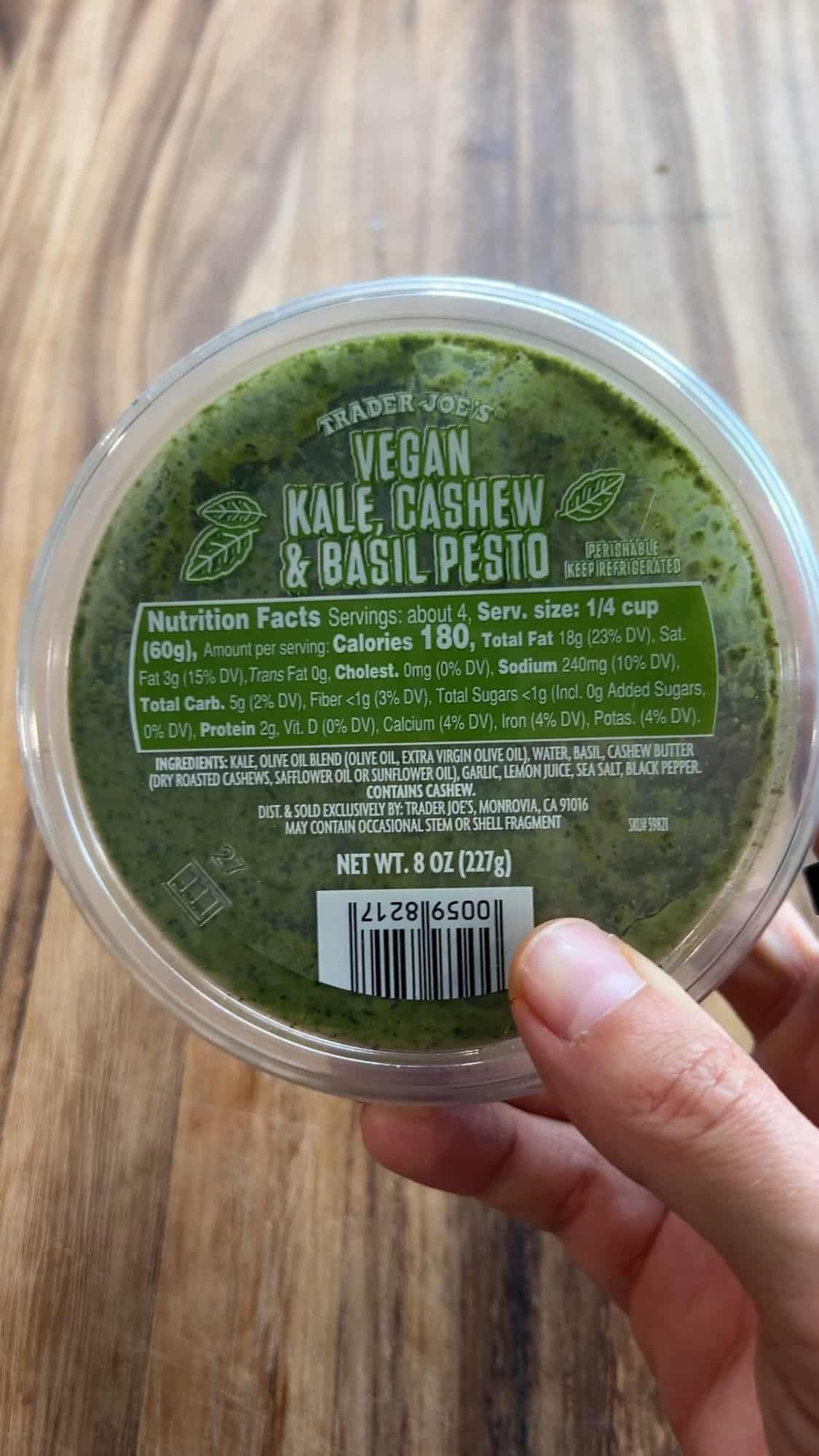 vegan kale, cashew, & basil pesto in package