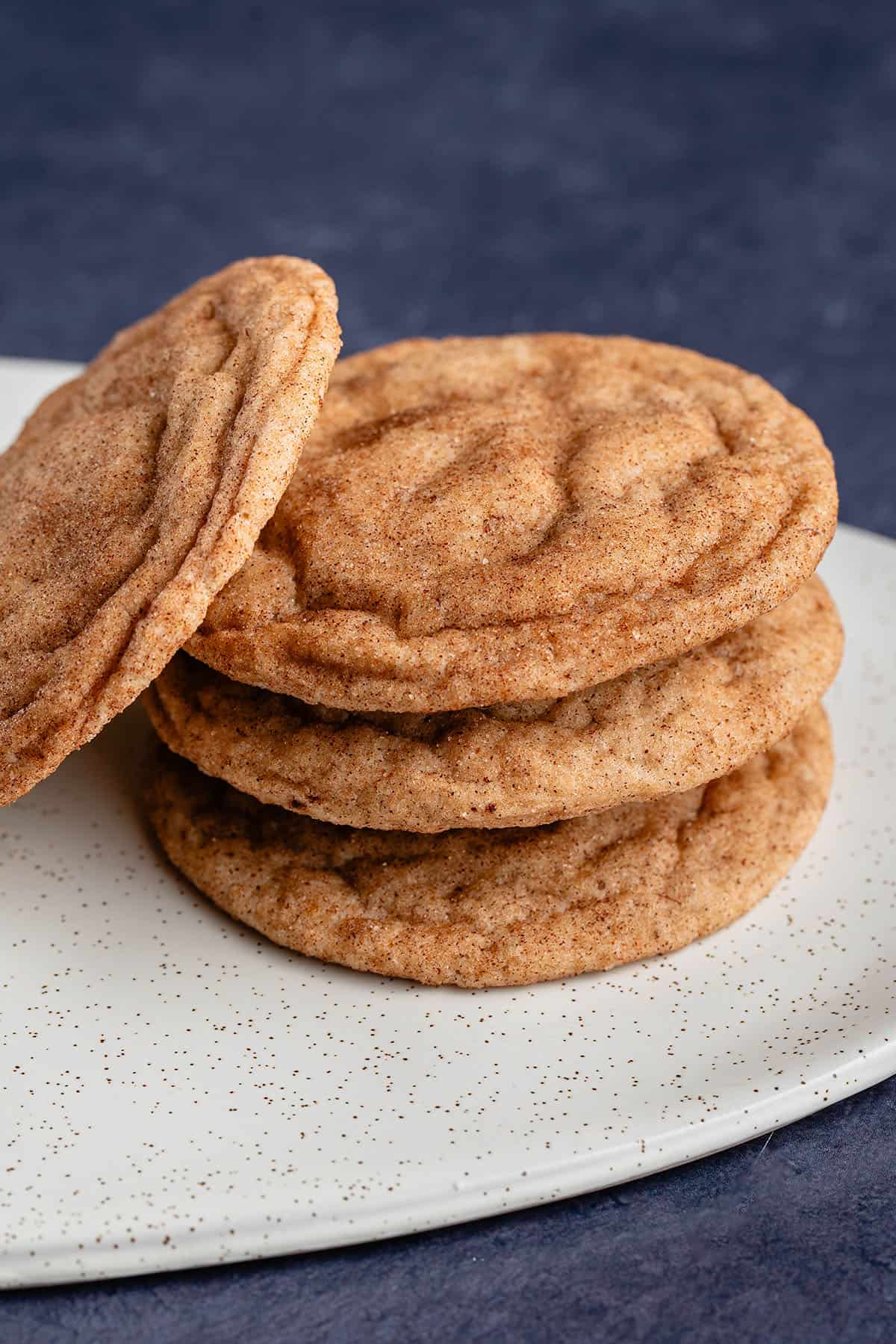 stacked snickerdoodles on white plate with one leaning on the side