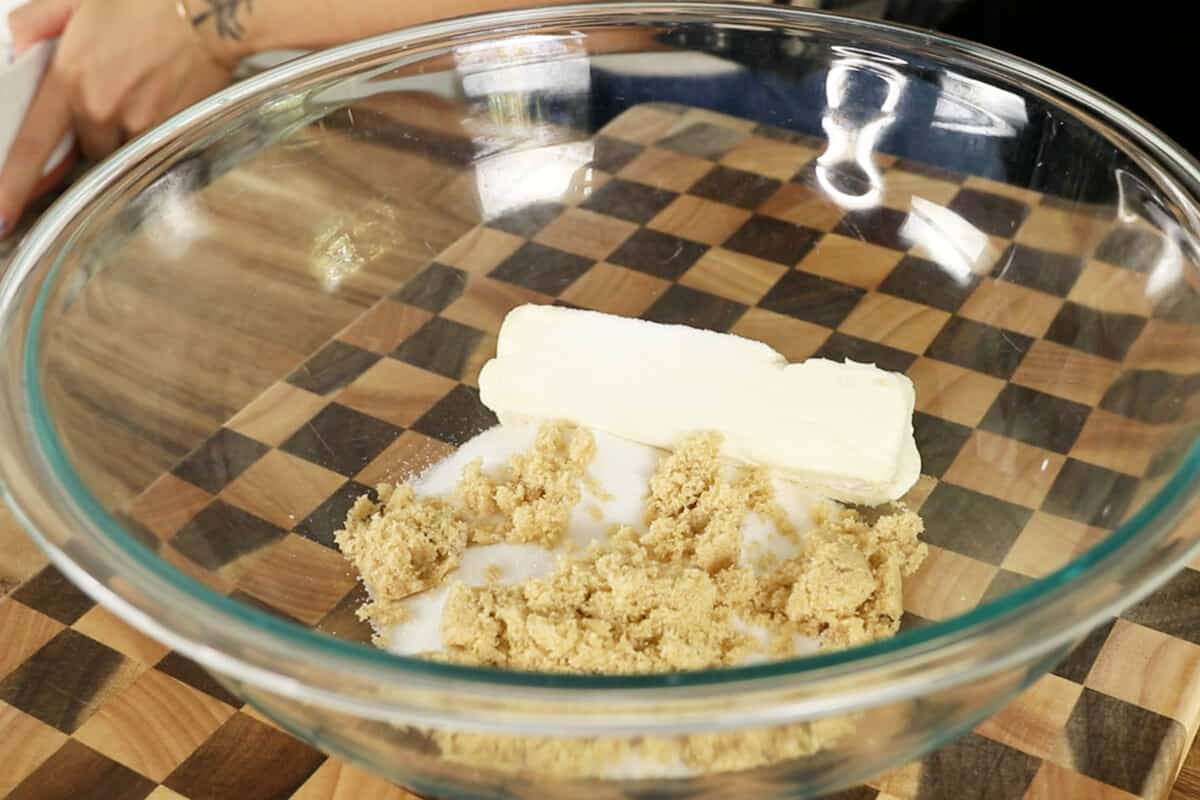 butter and sugars in a bowl