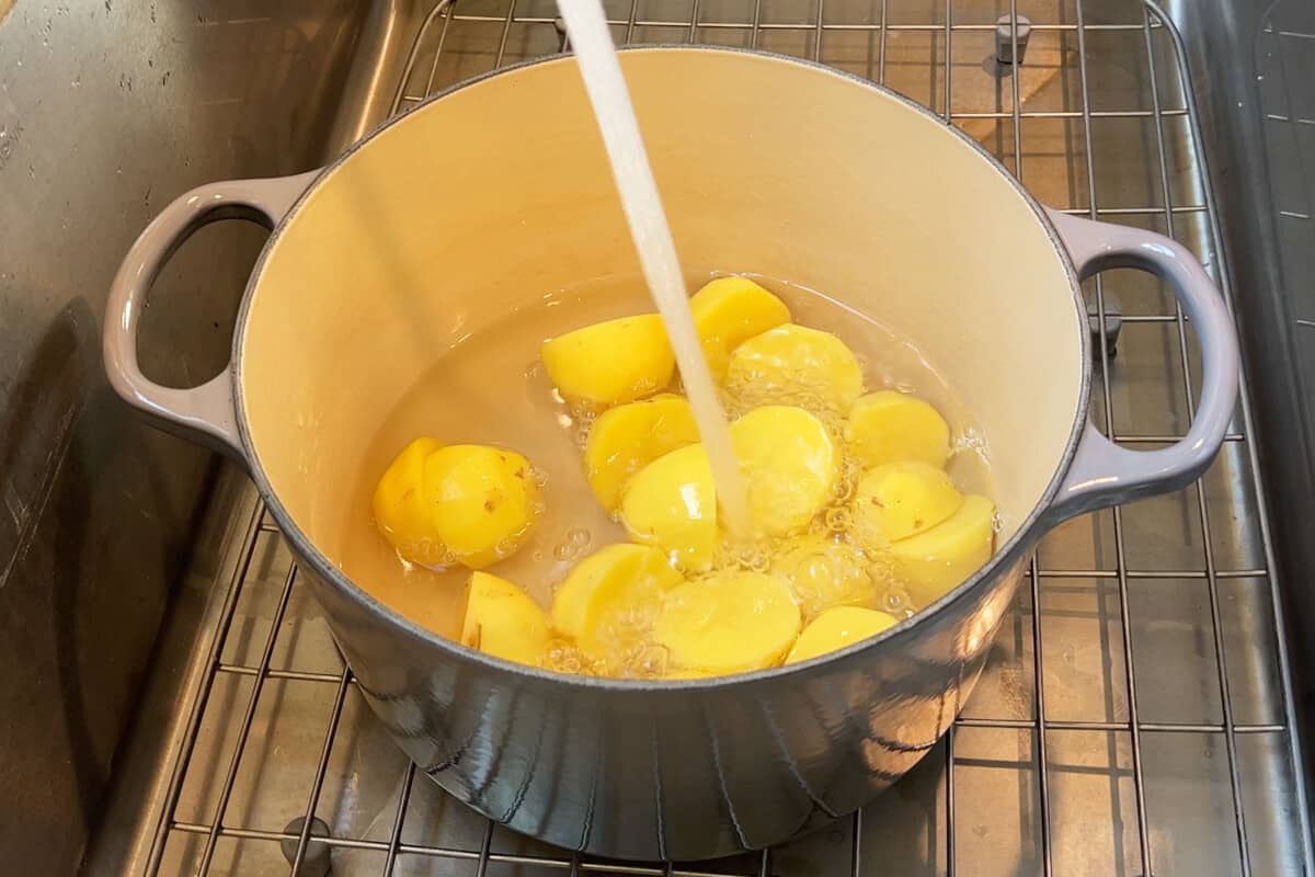 adding water to yukon gold potatoes in large pot