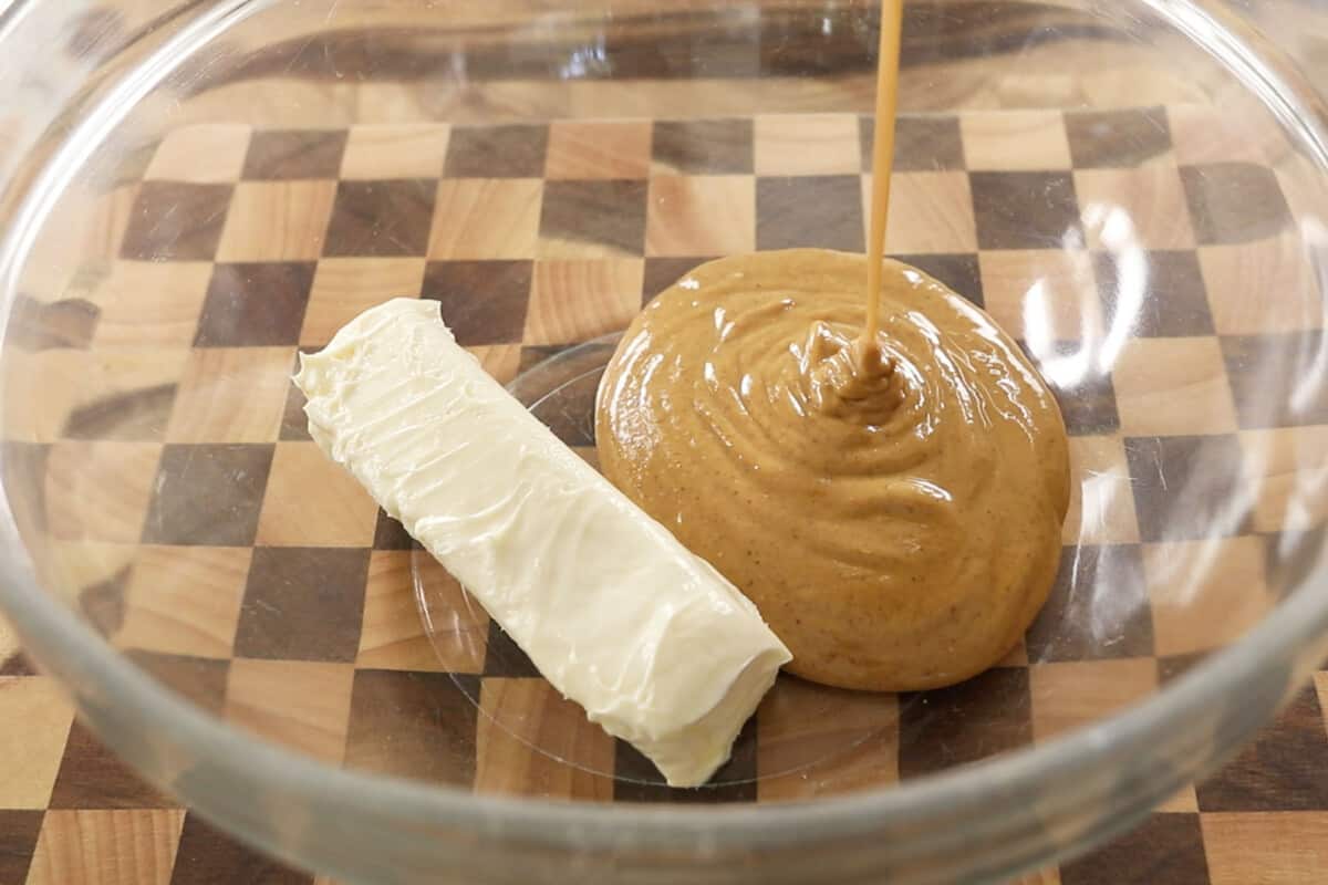 step by step of butter and peanut butter being added to a bowl