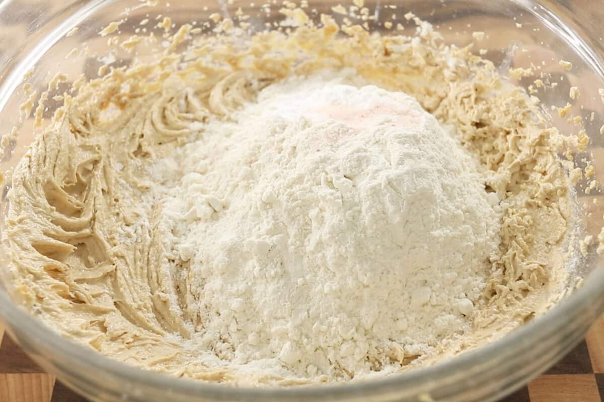 flour added to the butters and sugars