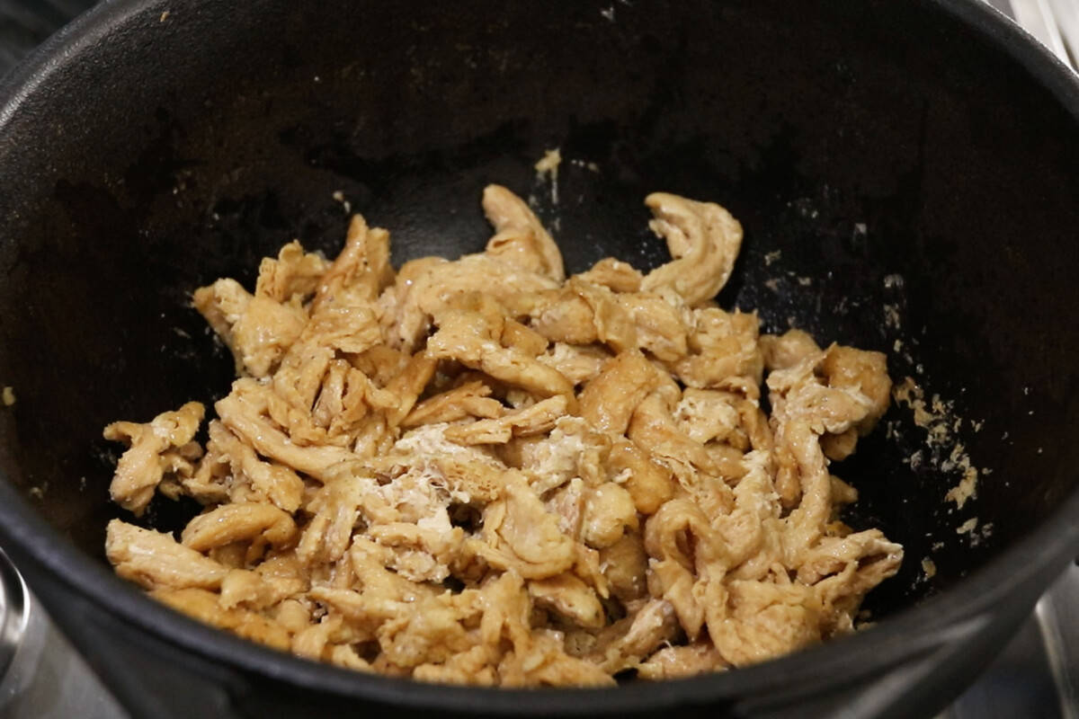 step by step - soy curls being cooked in cast iron dutch oven