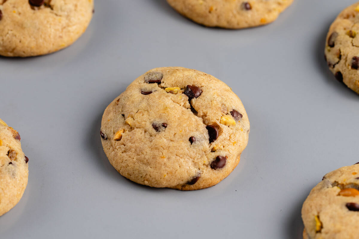 close up cookie on baking sheet