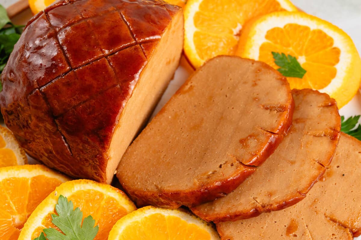 close up image of ham roast slice