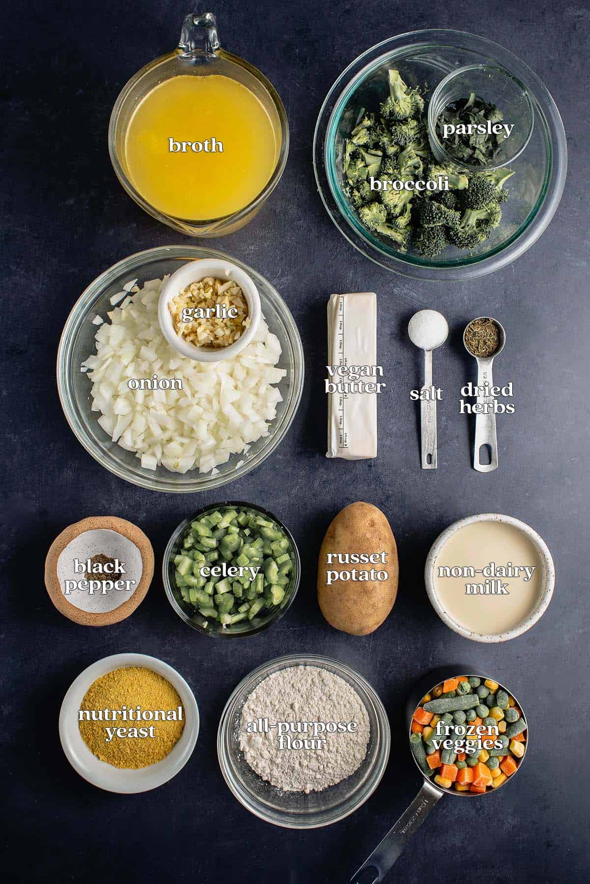 ingredients for vegan pot pie on blue board