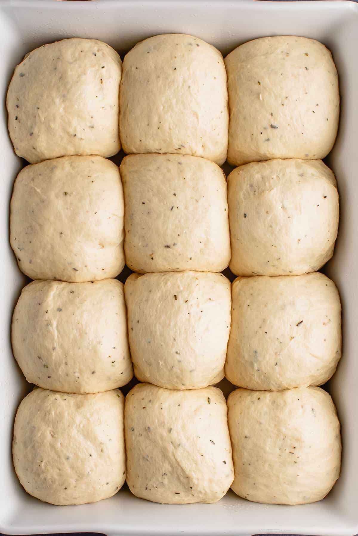 risen potato rolls in baking dish