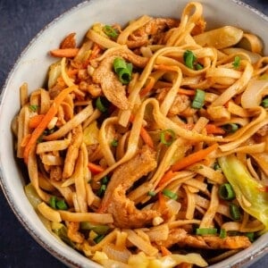 vegan beef lo mein in a bowl