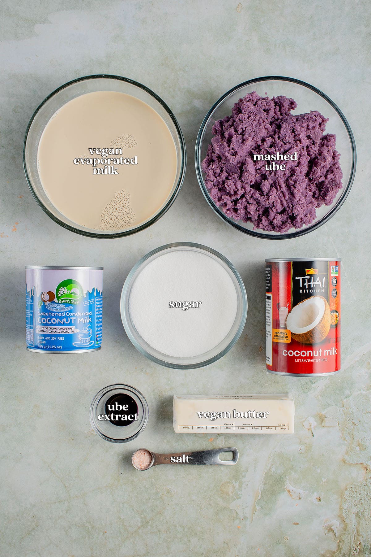 labeled Ingredients for ube halaya on board: evaporated milk, condensed milk, coconut milk, sugar, ube, salt, ube extract and butter