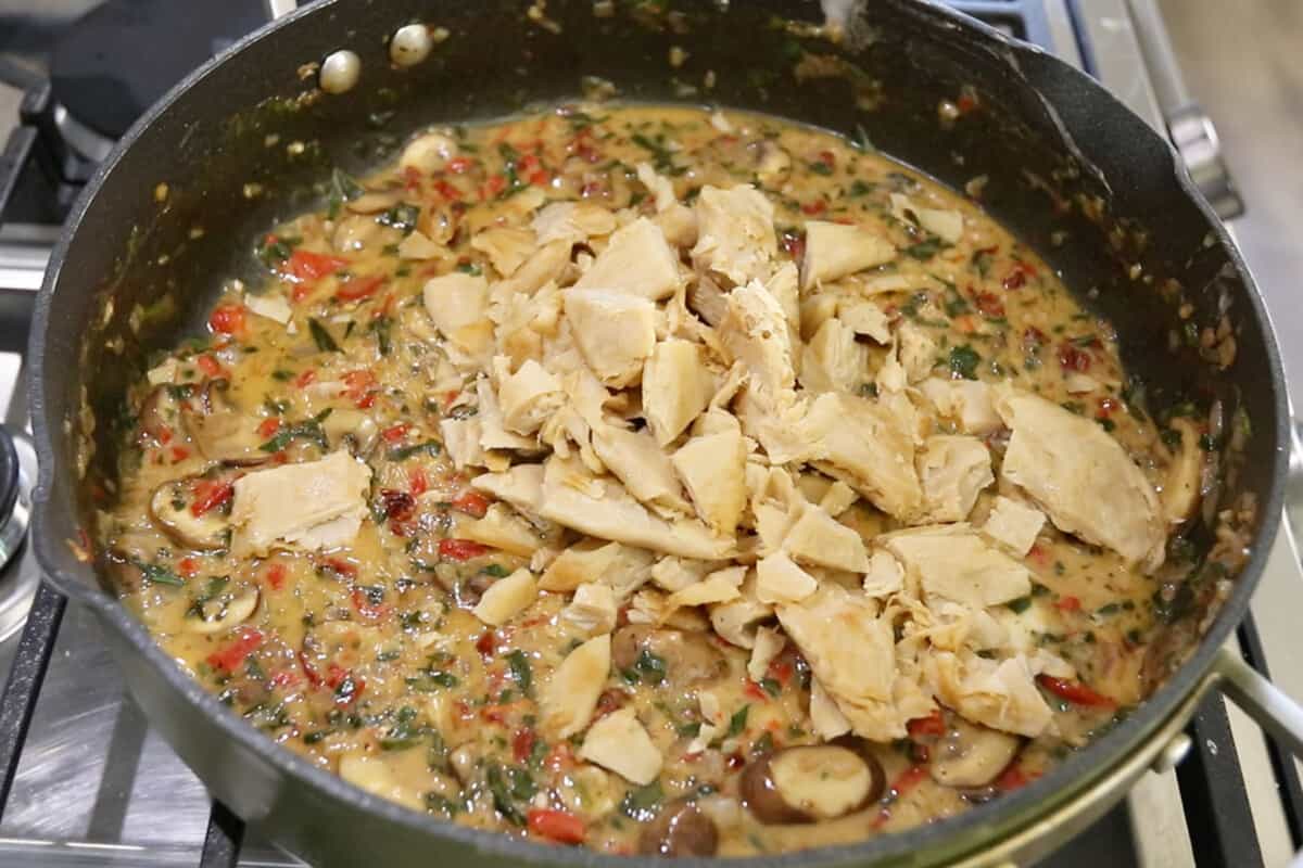 step by step - adding vegan chicken into sauce