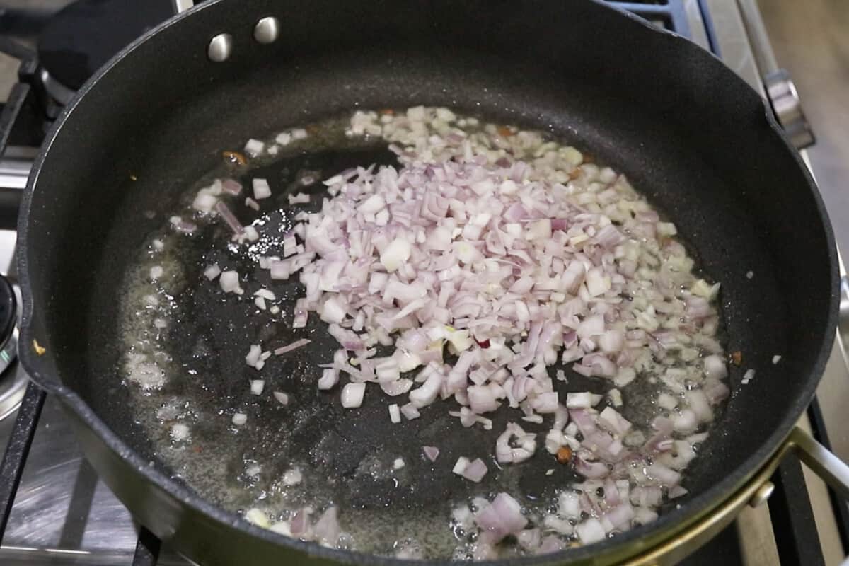 step by step - adding shallots to the pan