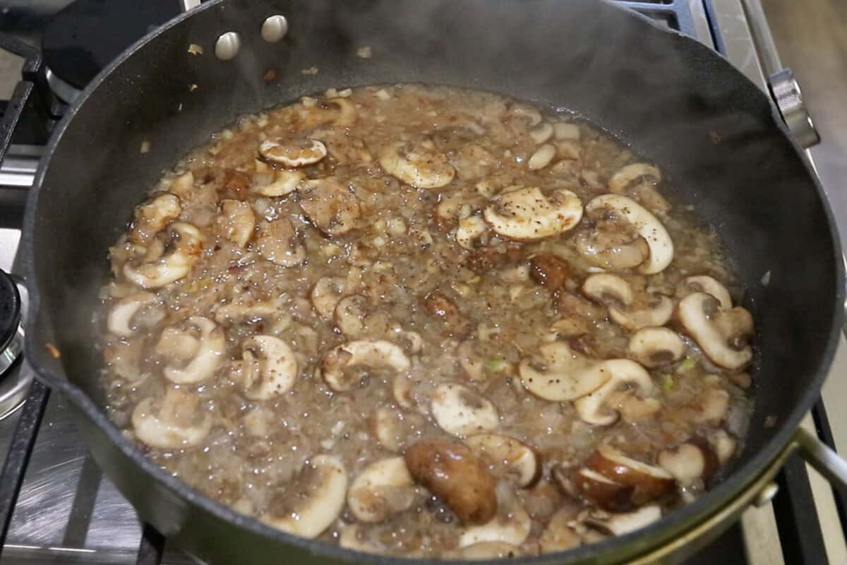 step by step - sautéing mushrooms, shallots, and garlic with butter and white wine