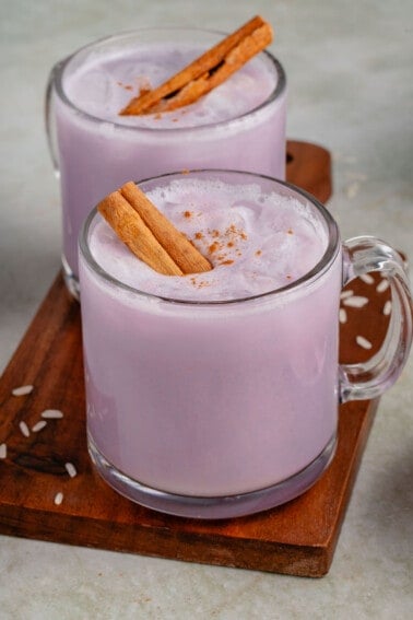 close up photo of ube horchata styled on wooden cutting board