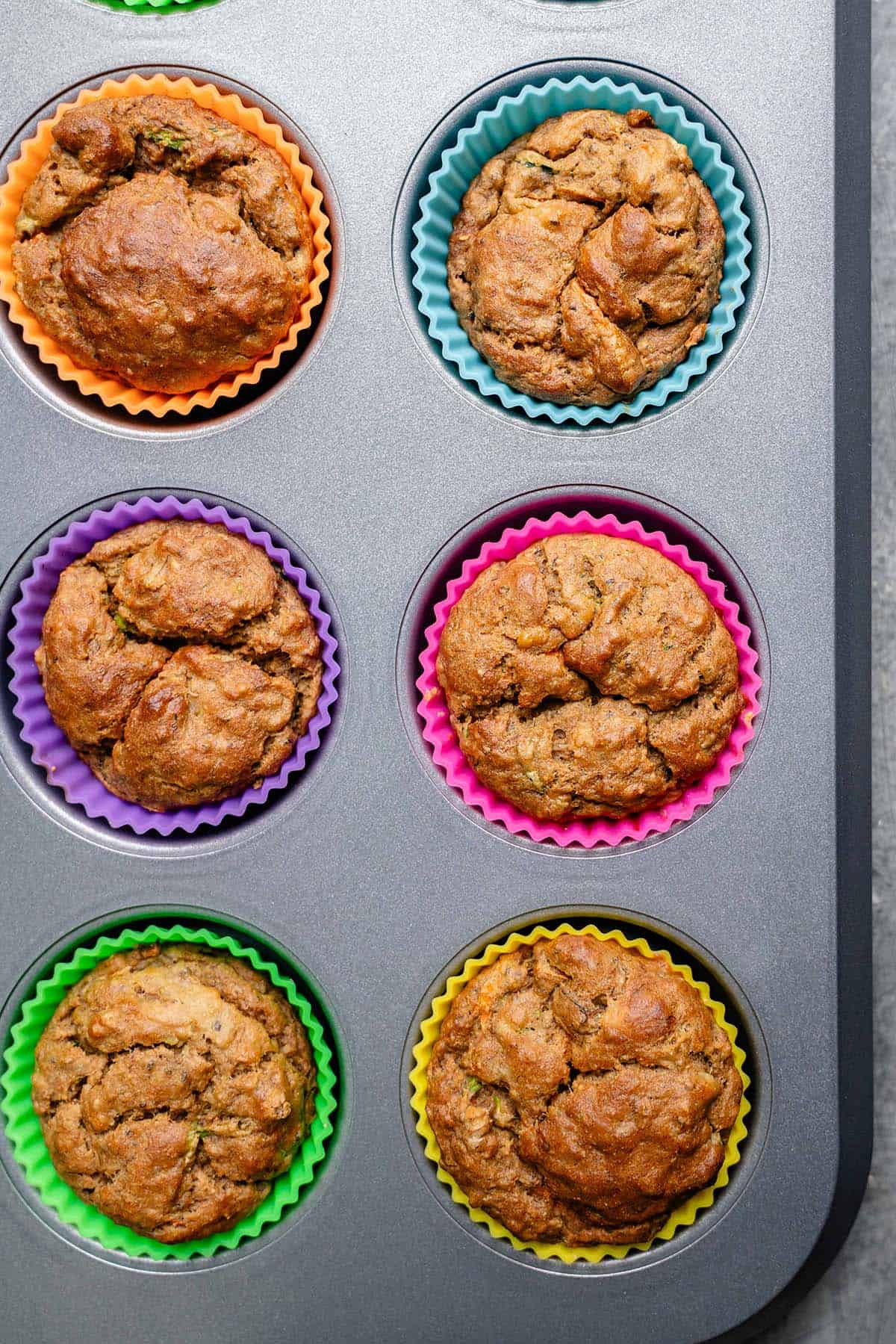 overhead photo of baked dog friendly cupcakes in cupcake tin with colorful cupcake liners