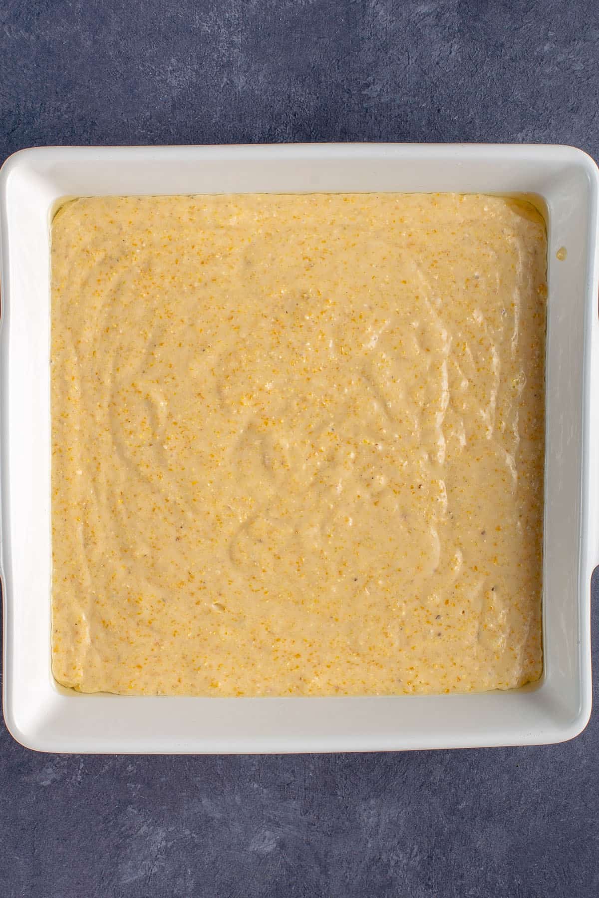 overhead image of cornbread batter before being baked