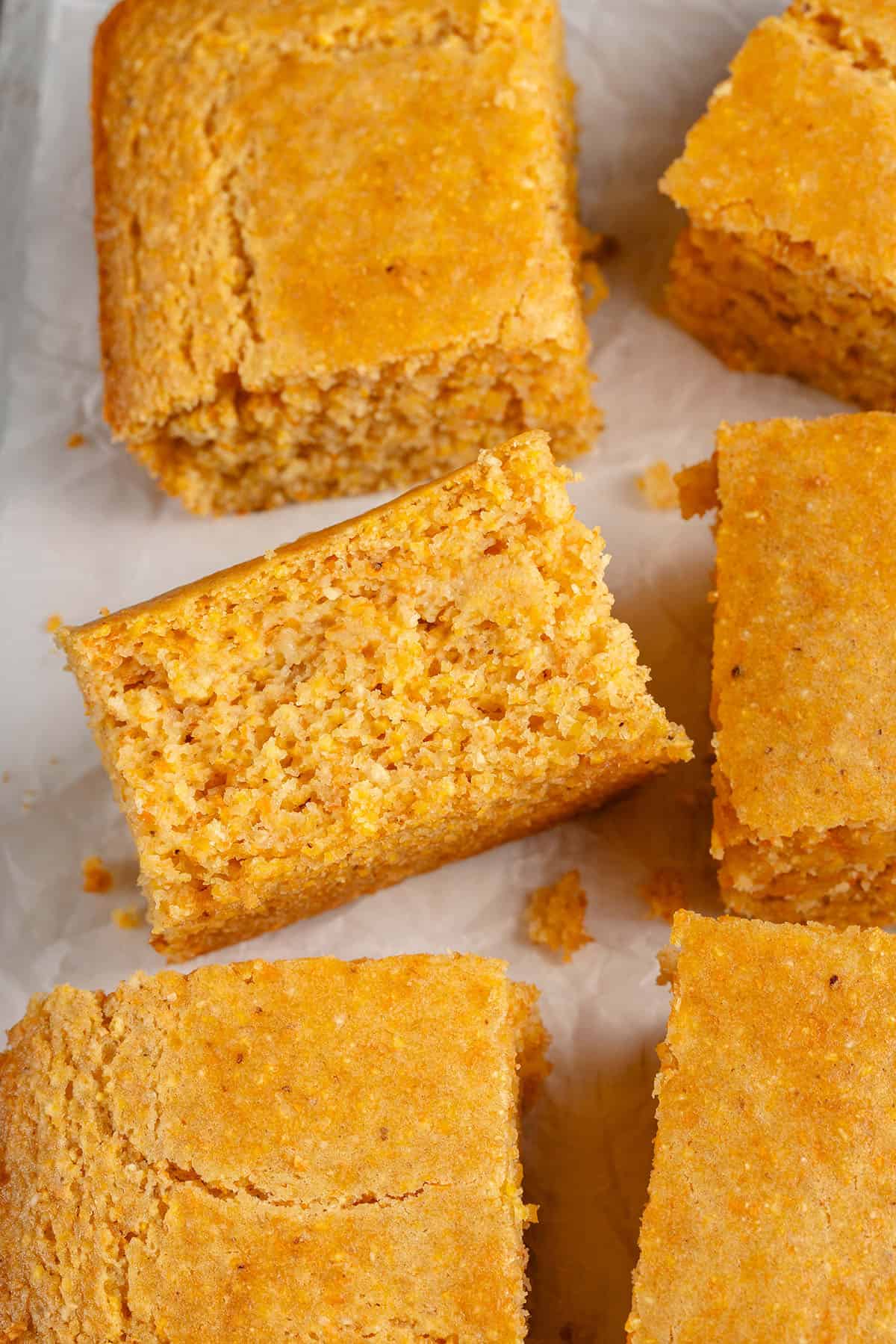 easy vegan cornbread slices with one on its side