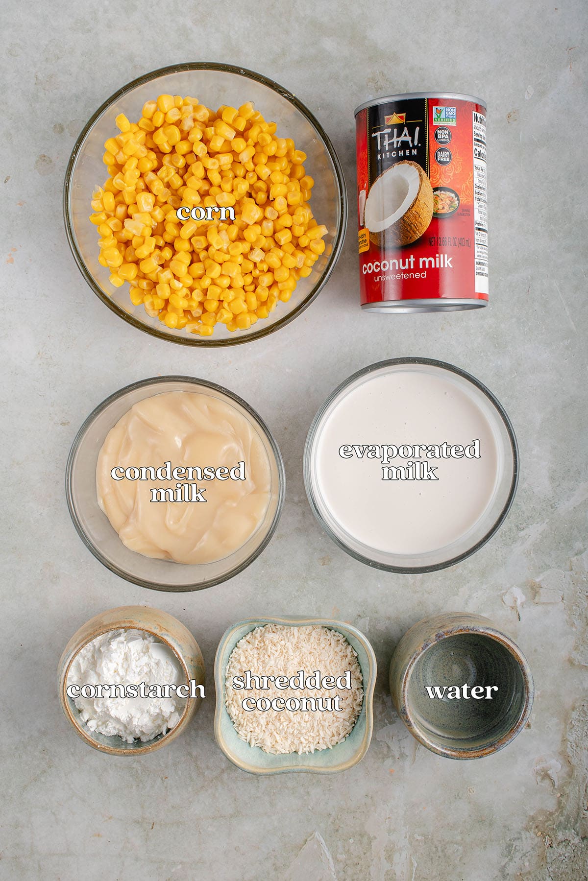 corn, coconut milk, condensed milk, evaporated milk, cornstarch, shredded coconut, water